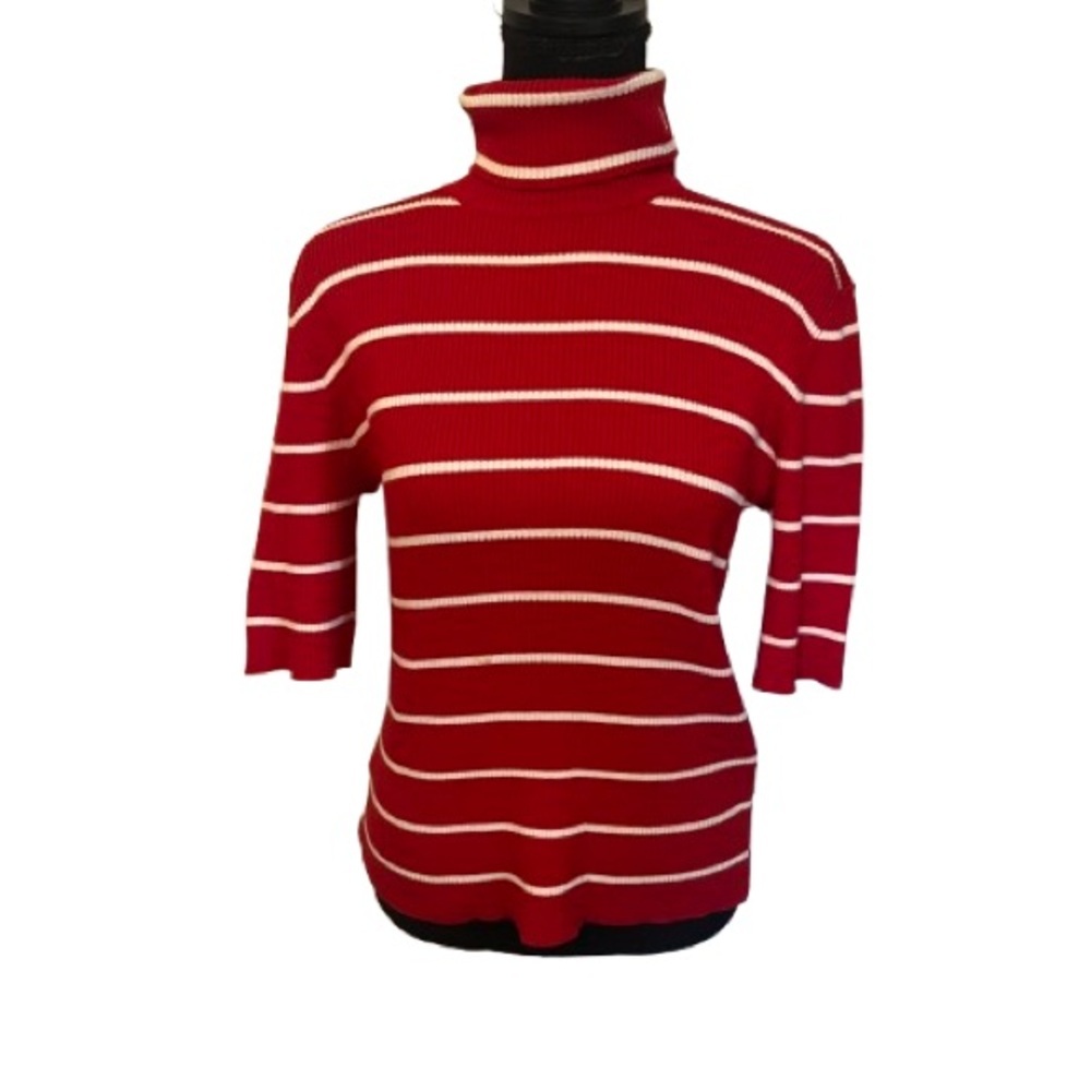 Ralph Lauren Red White Stripes Stretch Knit Short Sleeve Turtleneck Top Size L